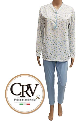 Pijama de verano para mujer, 100% algodón, CRV Cravana, manga larga, media manga, pantalón largo, modelos Roberta, Elin, Marcella, Vera, Elena, abotonado, producto italiano Elin 104 Cielo XXX-Large