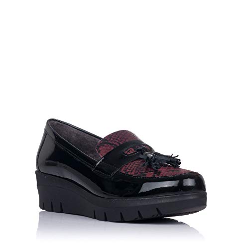 PITILLOS 6452 Zapato Mocasin BORLAS CUÑA Mujer Negro/Burdeos 40
