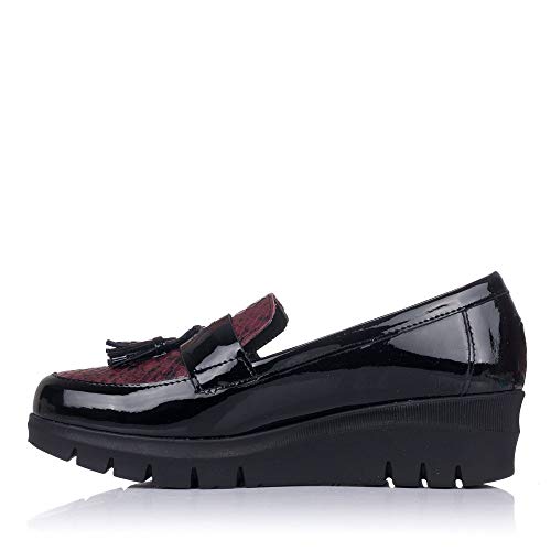 PITILLOS 6452 Zapato Mocasin BORLAS CUÑA Mujer Negro/Burdeos 40