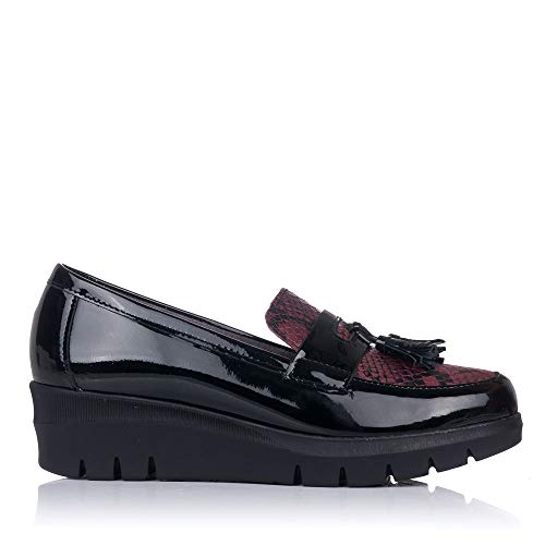 PITILLOS 6452 Zapato Mocasin BORLAS CUÑA Mujer Negro/Burdeos 40