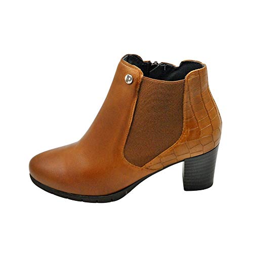 PITILLOS - Botines de piel, tacón ancho de goma y plataforma, con cremallera, suela de goma, hecho en España, para: Mujer color: CUERO talla:35