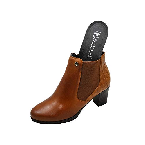 PITILLOS - Botines de piel, tacón ancho de goma y plataforma, con cremallera, suela de goma, hecho en España, para: Mujer color: CUERO talla:35