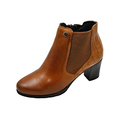 PITILLOS - Botines de piel, tacón ancho de goma y plataforma, con cremallera, suela de goma, hecho en España, para: Mujer color: CUERO talla:35