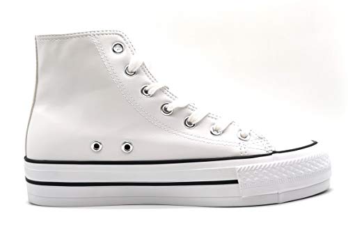 P&L Zapatillas Abotinadas Mujer con Plataforma de Material Doble Suela Botin Piel Vegano Blanco Negro