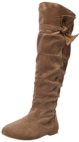 POLP Botas Altas para Mujer Zapatos de Tacón Bajo Botas hasta la Rodilla con Plisadas Casual Zapatos Planos de Fiesta con Cremallera Marrón Caqui