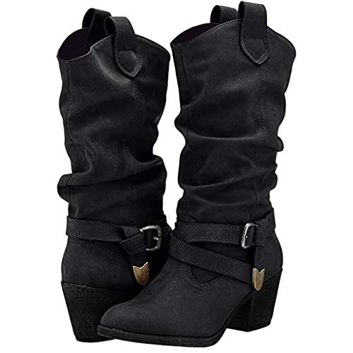 POLP Botas Camperas para Mujer Negro Marron Zapato de tacón con Hebilla hasta la Rodilla Botas Vaqueras de tacón bajo de 5 cm Zapatos de Cuero Artificial Sin Cordones Slip-On Botas Altas de Vestir