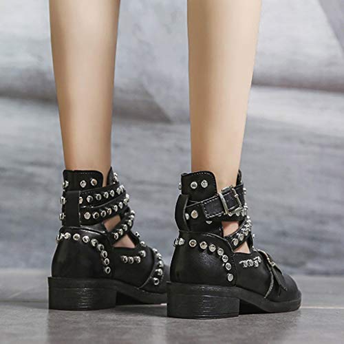 POLP Botas de Tobillo para Mujer con Hebilla Botines Mujer Tacón bajo de 4 cm Negro Zapatos de Tobillo de Fiesta con Tachuelas Otoño Invierno