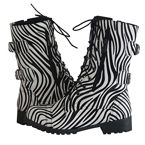 POLP Botas militares Mujer Invierno Botines Mujer Tacon Medio Zapatos de Tacón con Cordones Zapatilla alta con Hebilla Camuflaje Patrón de cebra