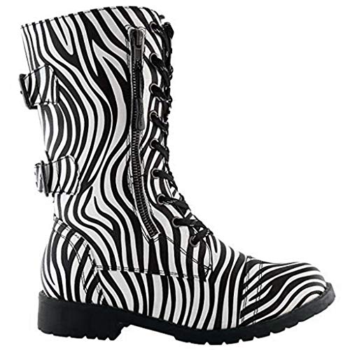 POLP Botas militares Mujer Invierno Botines Mujer Tacon Medio Zapatos de Tacón con Cordones Zapatilla alta con Hebilla Camuflaje Patrón de cebra