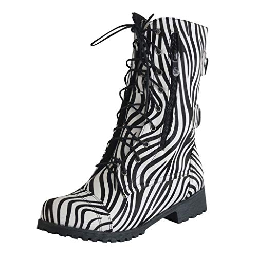 POLP Botas militares Mujer Invierno Botines Mujer Tacon Medio Zapatos de Tacón con Cordones Zapatilla alta con Hebilla Camuflaje Patrón de cebra