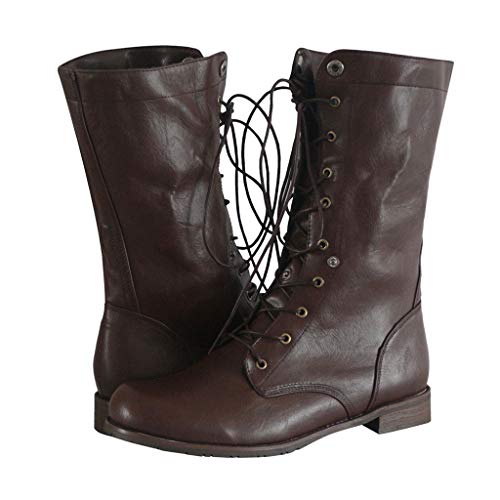 POLP Botas Mujer Invierno Vintage Casual Zapatos de tacón bajo con Cordones Tacón ancho Antideslizante Business A la moda Cuero artesanal Botas militares