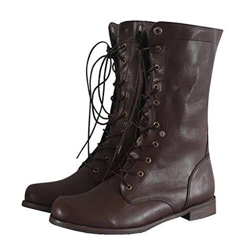 POLP Botas Mujer Invierno Vintage Casual Zapatos de tacón bajo con Cordones Tacón ancho Antideslizante Business A la moda Cuero artesanal Botas militares