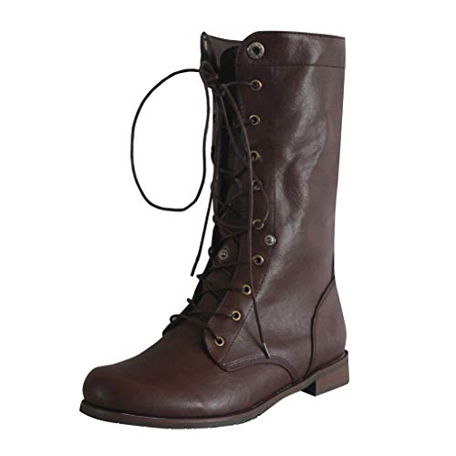 POLP Botas Mujer Invierno Vintage Casual Zapatos de tacón bajo con Cordones Tacón ancho Antideslizante Business A la moda Cuero artesanal Botas militares