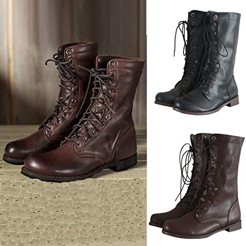 POLP Botas Mujer Invierno Vintage Casual Zapatos de tacón bajo con Cordones Tacón ancho Antideslizante Business A la moda Cuero artesanal Botas militares