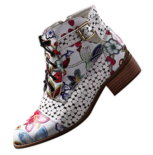 POLP Botines de Tacón Bajo Invierno Vintage Cómodas Botas de Tacón Bajo con Cremallera Mujer Clásicas Zapatos de Tacón ancho Estampado de Flor Zapatilla alta Botas de cuero artificial