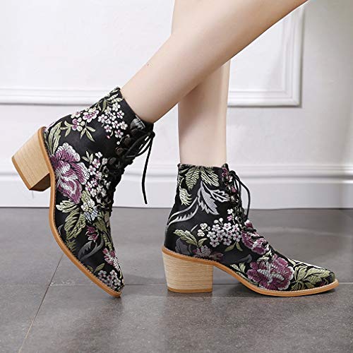 POLP Botines Mujer Tacon Medio 5 cm Invierno Estilo nacional Botas cortas de Mujer con Bordado y Cordones Zapato de Tacón con Punta Botas altas