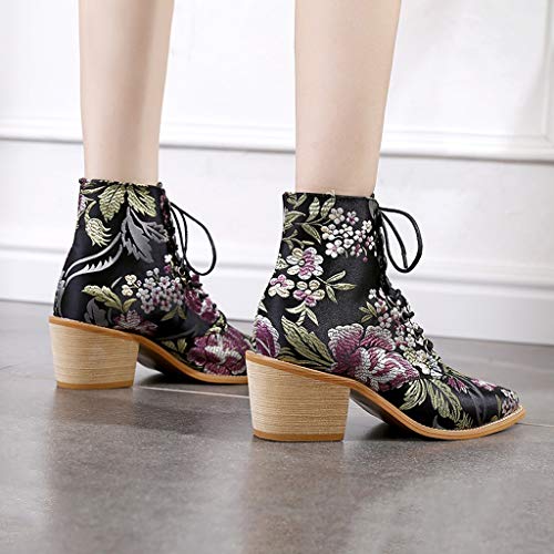 POLP Botines Mujer Tacon Medio 5 cm Invierno Estilo nacional Botas cortas de Mujer con Bordado y Cordones Zapato de Tacón con Punta Botas altas