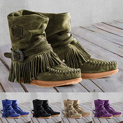 POLP Botines para Mujer con Borla Casual Punta Redonda Roma Retro Botas de Mujer Invierno Zapatos Planos Botas Alta con Hebilla Cálido con Flecos