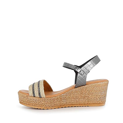 PORRONET 2647 Alegra, Sandalias con cuña y Plataforma, para Mujer, Color Metalizado - Cuero Talla: 38