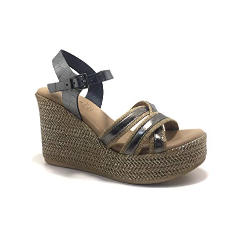 PORRONET 2655 COVADONGA, Sandalias con cuña y Plataforma, para Mujer, Color Metalizado Plomo - Cuero Talla: 40