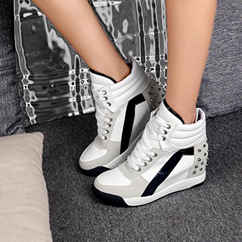 ¡Promoción grande! ¡Venta de liquidación de Covermason! Zapatos ocultos del talón del remache con cordones del otoño de las mujeres Zapatos casuales del recorrido(35 EU, Blanco)