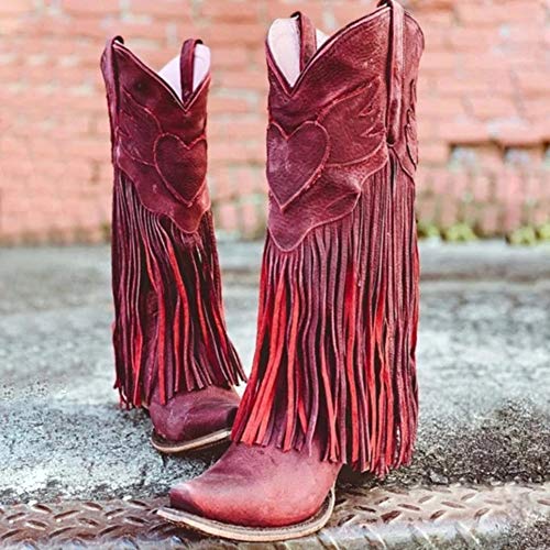 Puimentiua Botas de Tacón para Mujer Botines Bohemia Zapatos Vaquero con Flecos de Otoño Invierno