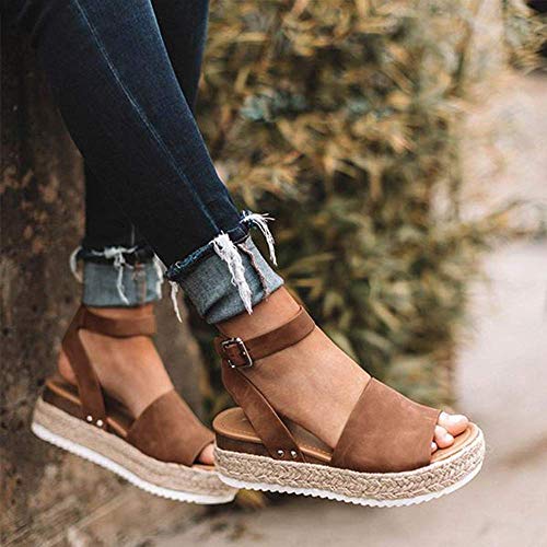 Pulchram Sandalias Mujer Verano 2019 cáñamo Fondo Grueso Sandalias Punta Abierta Cuero Fondo Plano Zapatos Bohemias Romanas Hebilla Zapatillas (43 EU, Marrón)