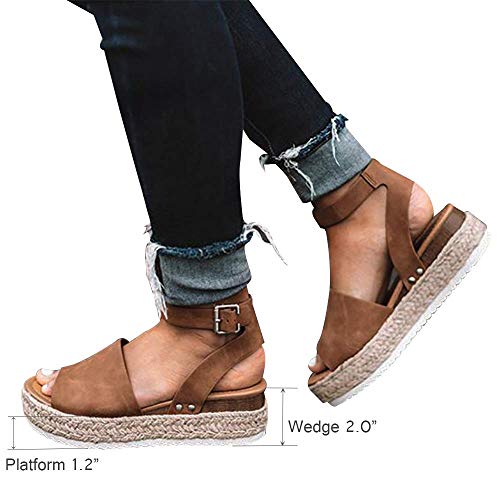 Pulchram Sandalias Mujer Verano 2019 cáñamo Fondo Grueso Sandalias Punta Abierta Cuero Fondo Plano Zapatos Bohemias Romanas Hebilla Zapatillas (43 EU, Marrón)