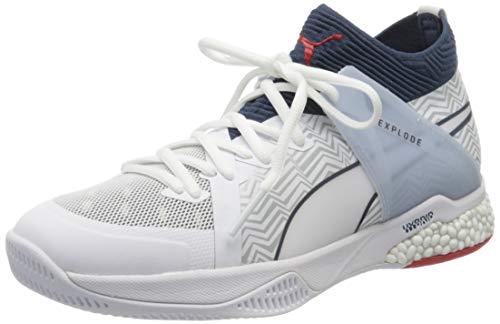 PUMA Explode Eh 1, Botas de fútbol Unisex-Adulto, Blanco White/Dark Denim/High Risk Red/Glacier Gray 01, 37 EU