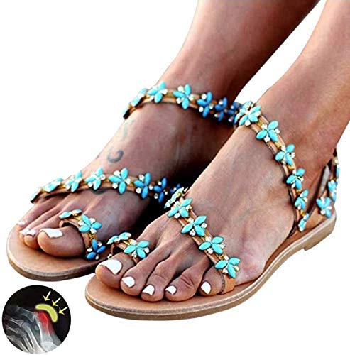 QDY Sandalias Planas para Mujer Bohemia Vintage Jeweled Beaded Toe Ring Sandalias de Gladiador Zapatos de Playa Romanos Clip Toe Flip Flop Thong Zapatos para corrección de Hallux Valgus, Ver