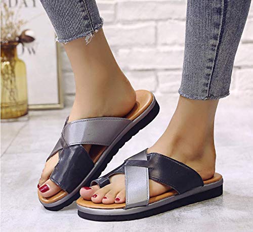 QLIGHA Corrector de juanetes ortopédico para Mujer Sandalias de corrección de pie con Dedo Gordo Suave Informal para Mujer Zapatos de Cuero de PU Zapatilla de Suela Plana con Plataforma cómoda, Neg