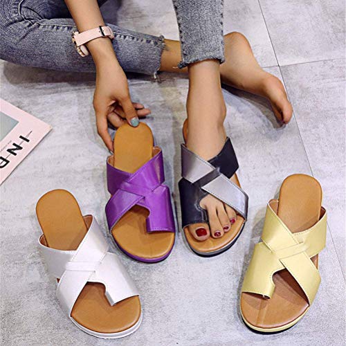 QLIGHA Corrector de juanetes ortopédico para Mujer Sandalias de corrección de pie con Dedo Gordo Suave Informal para Mujer Zapatos de Cuero de PU Zapatilla de Suela Plana con Plataforma cómoda, Neg