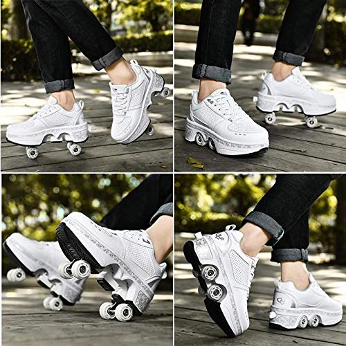 qmj Zapatillas De Patín De Ruedas para Niños Unisex 2 En 1 Rueda Retráctil Conviértase En Calzado Deportivo para Niños Zapatos,White-EU40/UK6