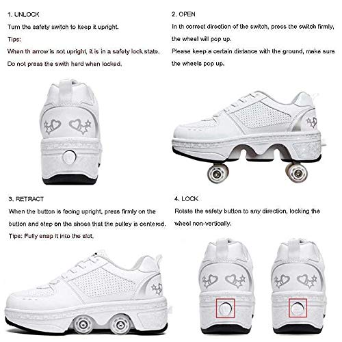 qmj Zapatillas De Patín De Ruedas para Niños Unisex 2 En 1 Rueda Retráctil Conviértase En Calzado Deportivo para Niños Zapatos,White-EU40/UK6