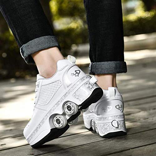 qmj Zapatillas De Patín De Ruedas para Niños Unisex 2 En 1 Rueda Retráctil Conviértase En Calzado Deportivo para Niños Zapatos,White-EU40/UK6