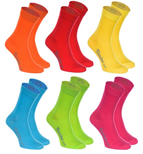 Rainbow Socks - Hombre Mujer Calcetines Colores de Algodón - 6 Pares - Naranja Rojo Amarillo Verde Mar Verde Fucsia - Talla 39-41