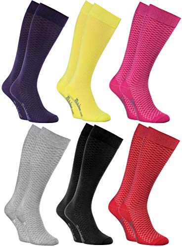 Rainbow Socks - Mujer Los Calcetines Largos Calados Finos de Algodón - 6 Pares - Violeta, Amarillo, Rosa, Gris, Azul Marino, Rojo - Tamaños 36-38
