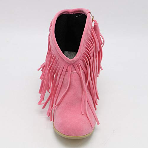 RAZAMAZA Botas Invierno Mujer Retro Tacón Ancho Flecos Botas de Tobillo sin Cordones Cerrado Pink Size 39 Asian