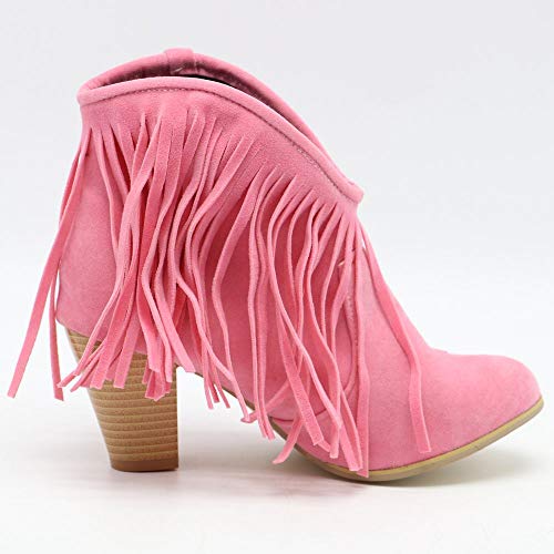 RAZAMAZA Botas Invierno Mujer Retro Tacón Ancho Flecos Botas de Tobillo sin Cordones Cerrado Pink Size 39 Asian