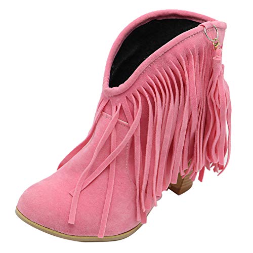 RAZAMAZA Botas Invierno Mujer Retro Tacón Ancho Flecos Botas de Tobillo sin Cordones Cerrado Pink Size 39 Asian
