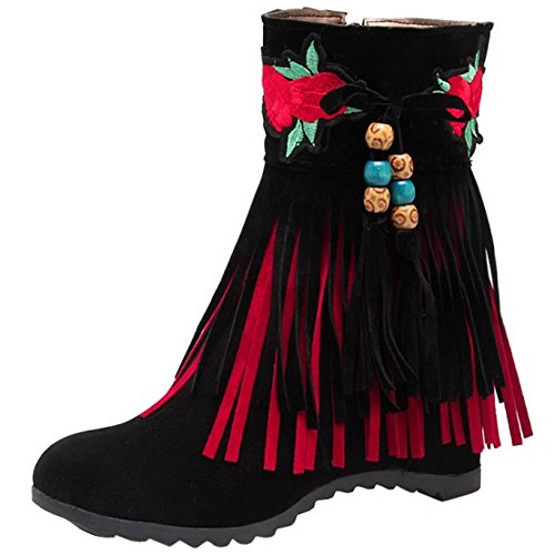 RAZAMAZA Botines Mujer Flecos con Cuna Interior Tacon Medio Tobillo Botas Black Size 35 Asian