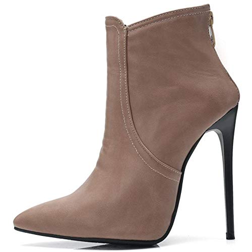 RAZAMAZA Mujer Elegante Tacón de Aguja Botas de Tobillo Cremallera Botas Cortas Puntiagudo Fiesta Botas Beige Size 41 Asian