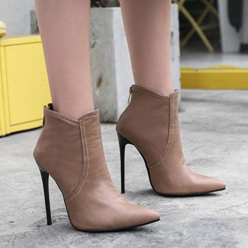 RAZAMAZA Mujer Elegante Tacón de Aguja Botas de Tobillo Cremallera Botas Cortas Puntiagudo Fiesta Botas Beige Size 41 Asian