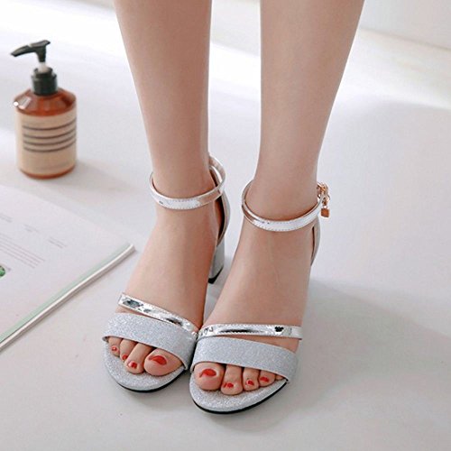 RAZAMAZA Mujer Moda Chunky Tacon Correa de Tobillo Sandalias Punta Redonda Silver Size 45 Asian