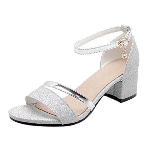 RAZAMAZA Mujer Moda Chunky Tacon Correa de Tobillo Sandalias Punta Redonda Silver Size 45 Asian