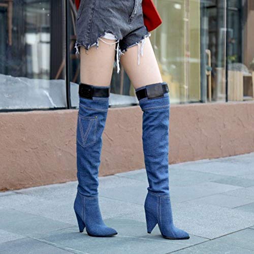 RAZAMAZA Mujer Moda Tacón Alto Botas de Muslo Puntiagudo Botas Largas Cremallera Botas Vaqueras Shenlanse Talla 39 Asian
