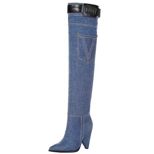 RAZAMAZA Mujer Moda Tacón Alto Botas de Muslo Puntiagudo Botas Largas Cremallera Botas Vaqueras Shenlanse Talla 39 Asian