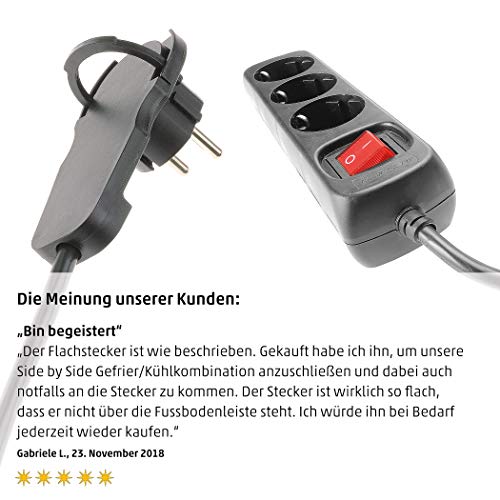 REGLETA DE ENCHUFES de 4smile | Enchufe de 3 tomas | Enchufe múltiple con interruptor y REV Flat Plug_0012326114 | Bloqueo para niños | Cable de 2m | Para uso interno | Negro