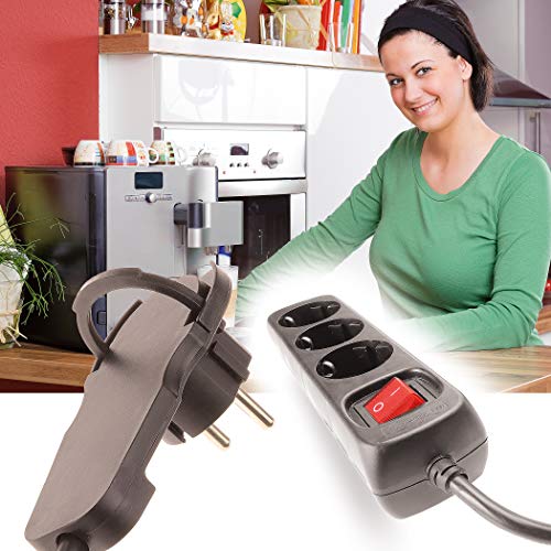 REGLETA DE ENCHUFES de 4smile | Enchufe de 3 tomas | Enchufe múltiple con interruptor y REV Flat Plug_0012326114 | Bloqueo para niños | Cable de 2m | Para uso interno | Negro