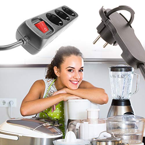 REGLETA DE ENCHUFES de 4smile | Enchufe de 3 tomas | Enchufe múltiple con interruptor y REV Flat Plug_0012326114 | Bloqueo para niños | Cable de 2m | Para uso interno | Negro